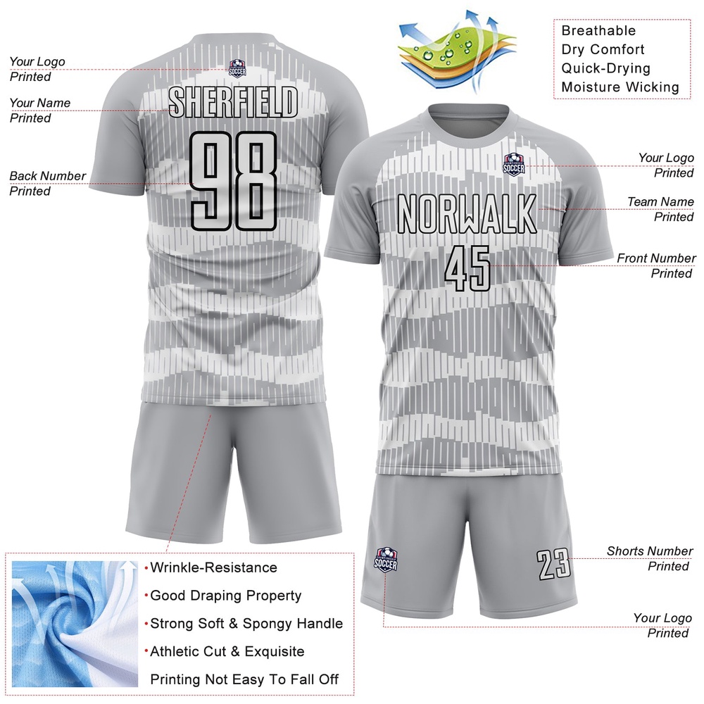 Gray White Black Pinstripe Sublimation Soccer Uniform Jersey, Custom Team Soccer Jersey Shirt