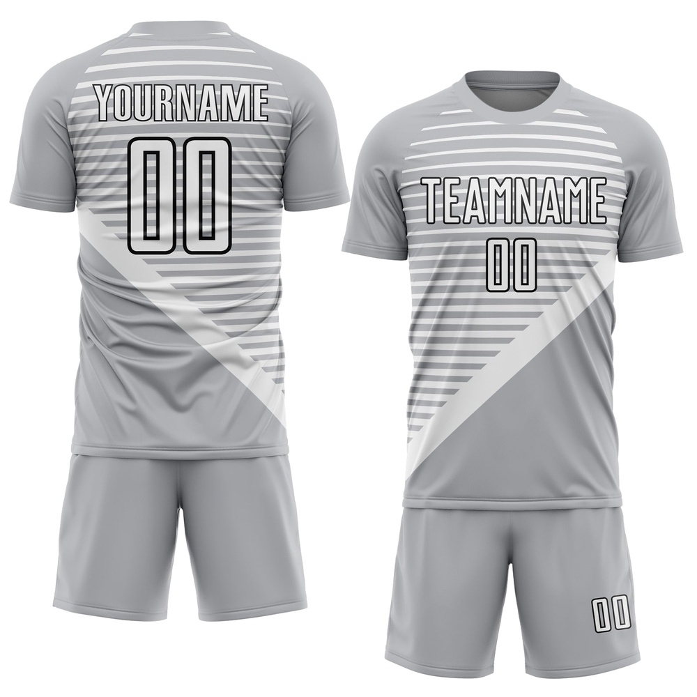 Gray White Black Stripes Sublimation Soccer Uniform Jersey, Custom Team Soccer Jersey Shirt
