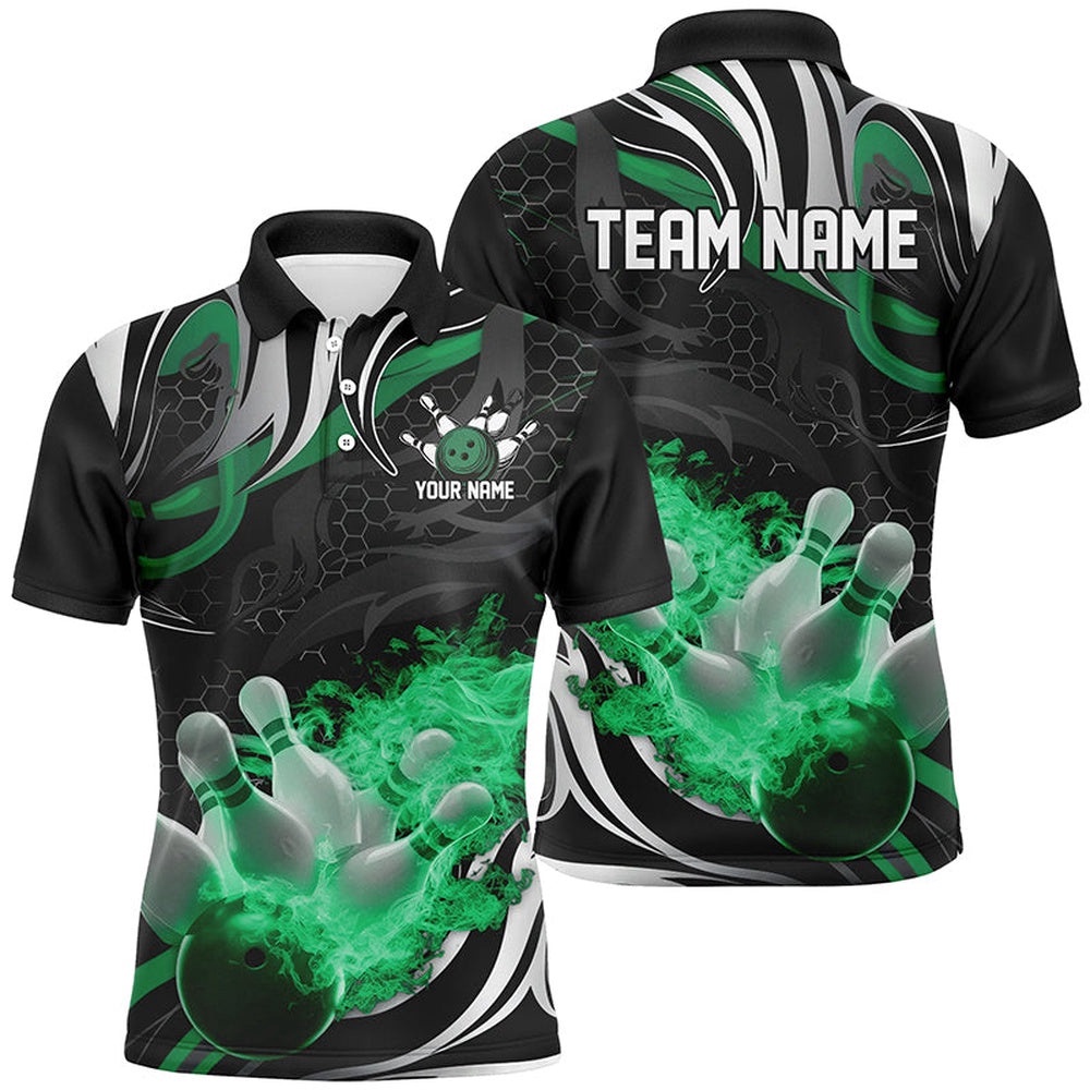 Green And Black Custom Flame Bowling Shirts For Men, Bowling Team Polo Shirts, Personalized Bowling Team Shirt