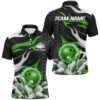 Green And Black Custom Flame Bowling Shirts For Men, Bowling Team Polo Shirts, Personalized Bowling Team Shirt
