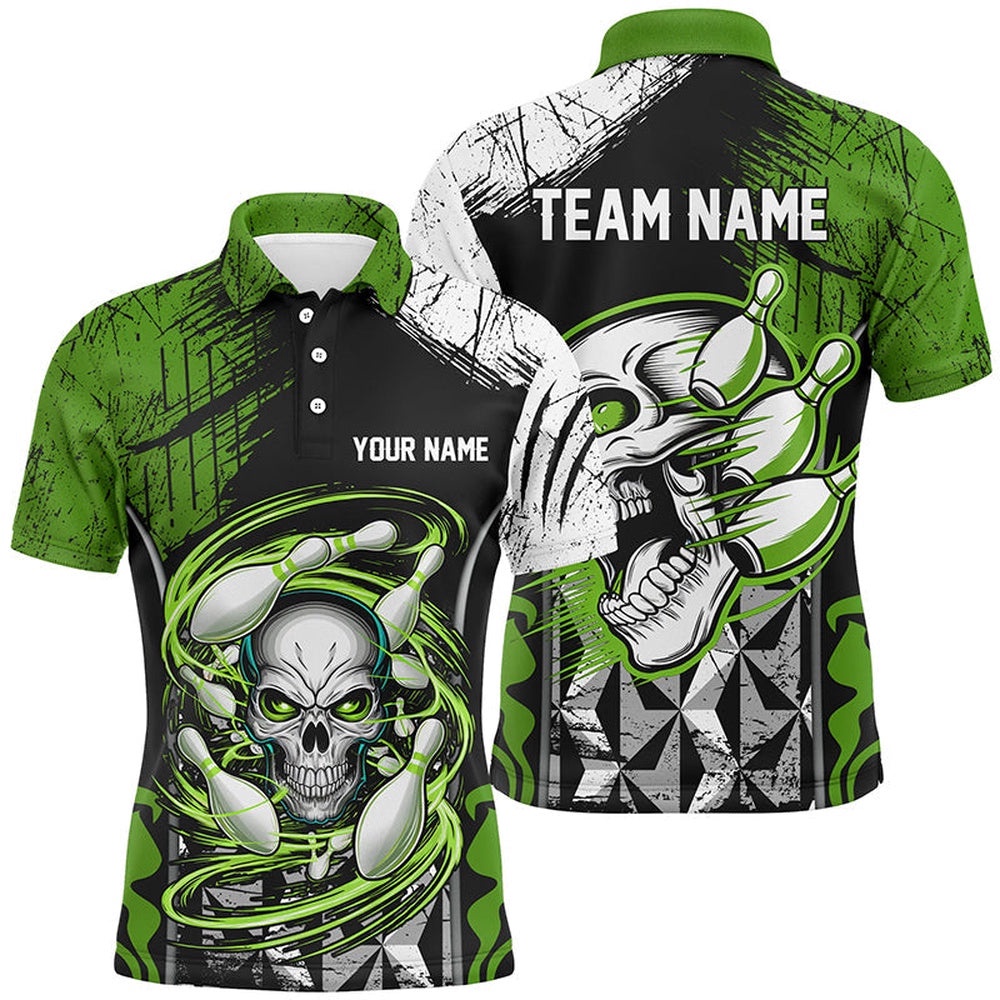 Green And Black Custom Skull Bowling Shirts, Short Sleeve Bowling Polo Shirts For Men, Personalized Bowling Team Shirt