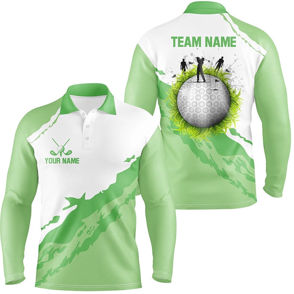 Green And White Men’s Golf Polo Shirts Custom Team Golf Jerseys, Golf Attire For Men, Golf Polo Shirt, Golf Shirts