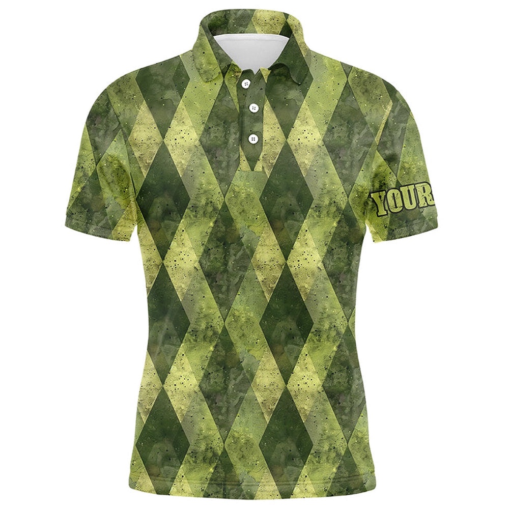 Green Argyle Grunge Pattern Men Golf Polo Shirts Custom Men Golf Tops, Golf Polo Shirt, Golf Shirts