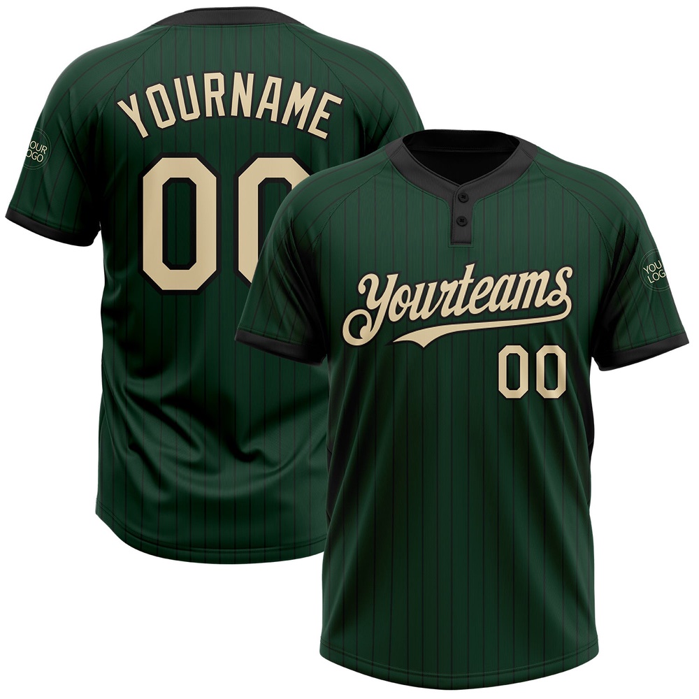 Green Black Pinstripe Cream Two Button Unisex Softball Jersey, Custom Team Softball Jersey