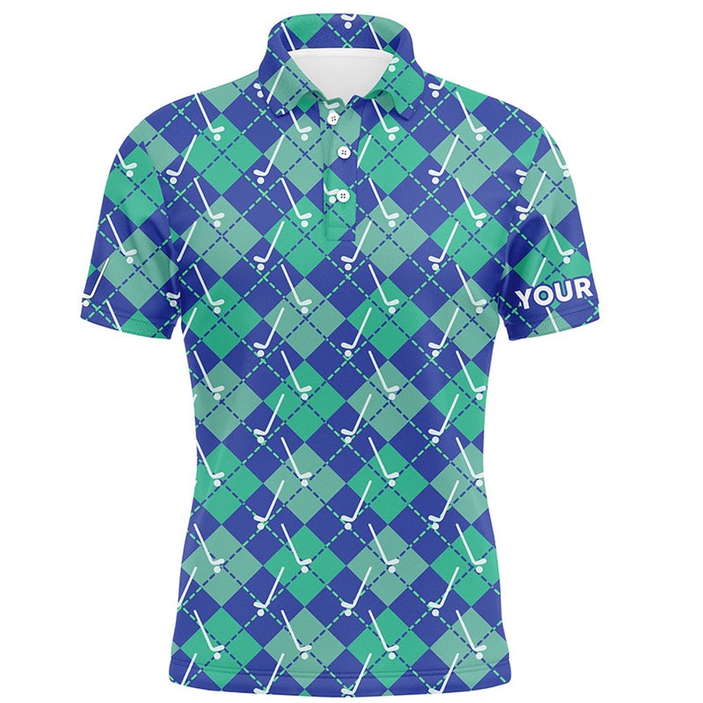Green Blue Argyle Plaid Pattern Golf Clubs Custom Men’s Golf Polo Shirt, Golf Tops For Men Golfing Gift, Golf Polo Shirt, Golf Shirts