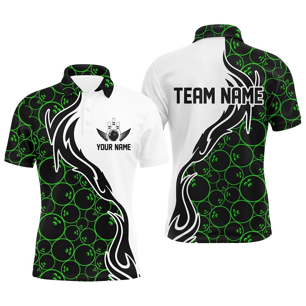 Green Bowling Pattern Custom Men Bowling Polo Shirts Flame Bowling Team Polo Shirt Tournament, Personalized Bowling Team Shirt