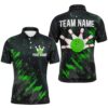 Green Bowling Pattern Custom Men Bowling Polo Shirts Flame Bowling Team Polo Shirt Tournament, Personalized Bowling Team Shirt