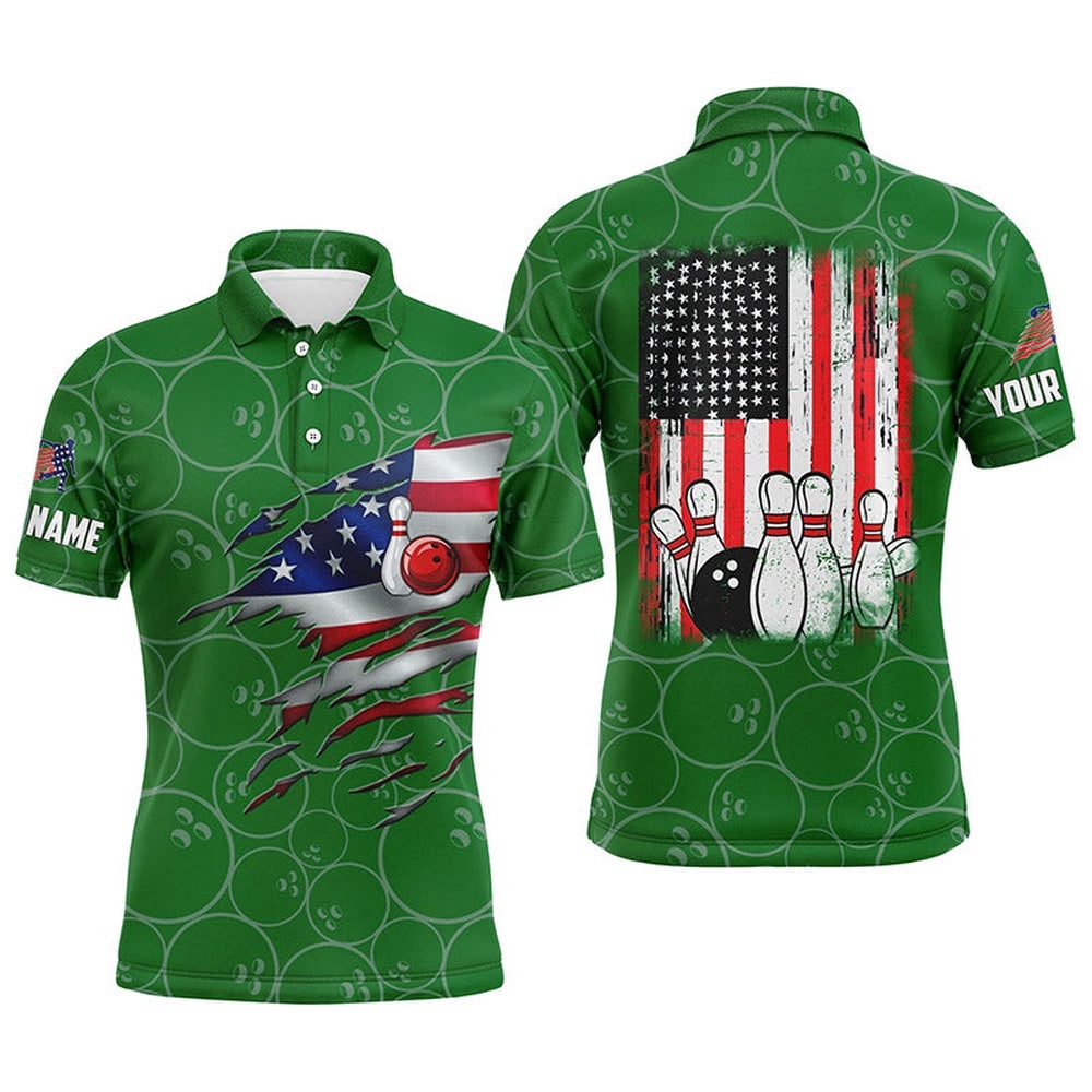 Green Bowling Polo Shirts For Men Custom Name Vintage American Flag Bowling Polo Shirt, Personalized Bowling Team Shirt
