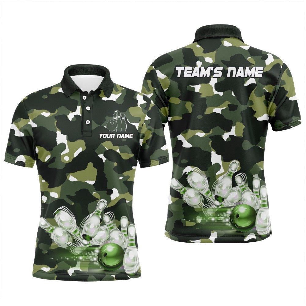 Green Camo Bowling Shirts For Men Custom Bowling Polo Shirt Team Bowling Polo Shirt, Personalized Bowling Team Shirt