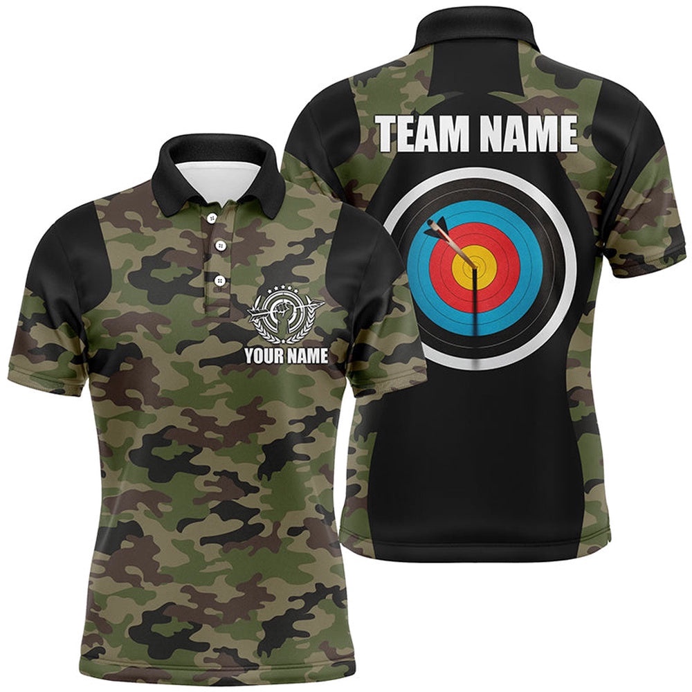 Green Camouflage Archery Polo Shirts For Men, Best Gifts For Archery Team Player, Custom Archery Team Polo Shirt