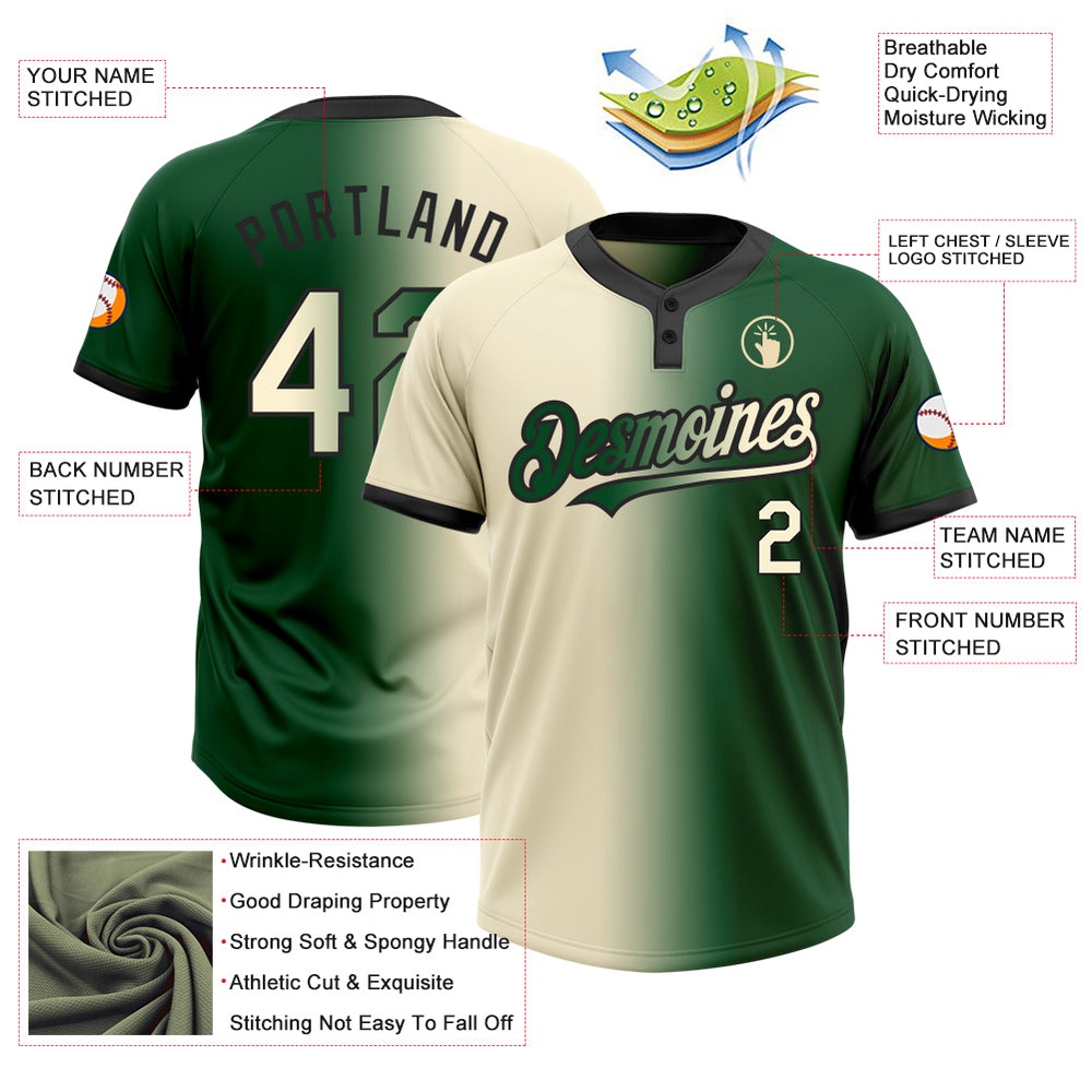 Green Cream Black Gradient Fashion Two Button Unisex Softball Jersey, Custom Team Softball Jersey