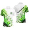 Green Flame Bowling Ball And Pins Custom Men Bowling Polo Shirts, Team Mens Bowling Polo Shirt, Personalized Bowling Team Shirt