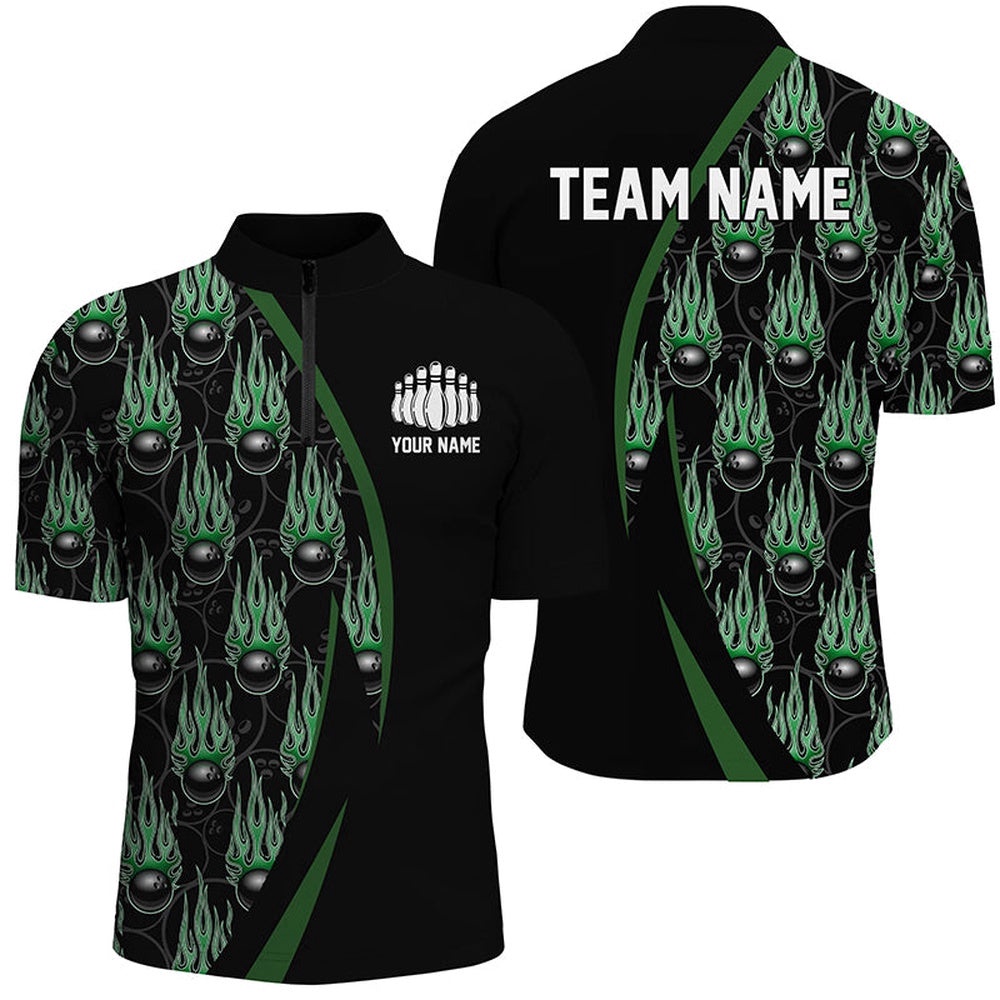 Green Flame Bowling Ball Pattern Bowling Shirts For Men, Fire Bowling League Outfits, Custom Bowling Team Jersey Shirt