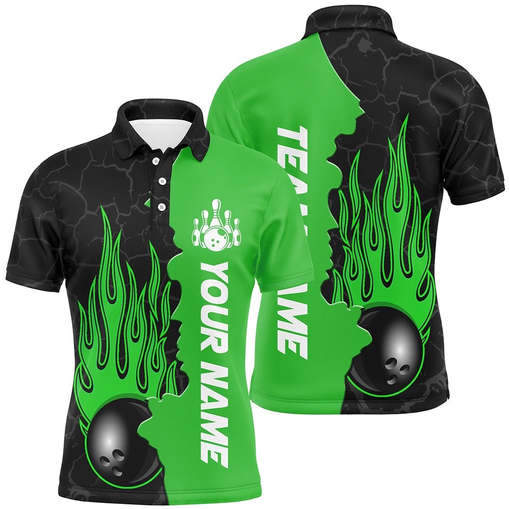 Green Flame Bowling Polo Shirts Men & Women Custom Bowling Team League Polo Shirt, Personalized Bowling Team Shirt