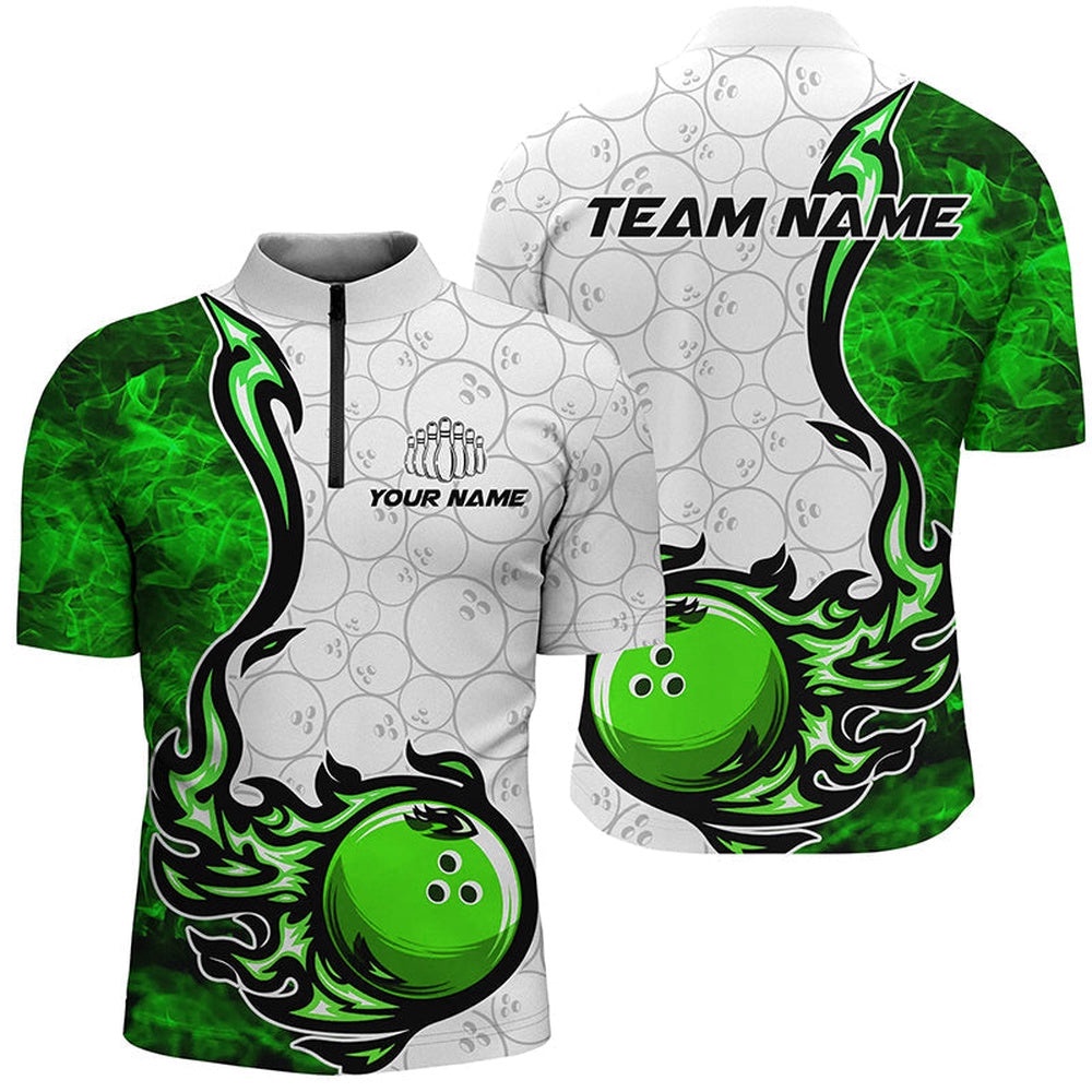 Green Flame Bowling Shirts For Men Bowling Ball Pattern Bowling Team Jersey For Bowlers, Custom Bowling Team Jersey Shirt