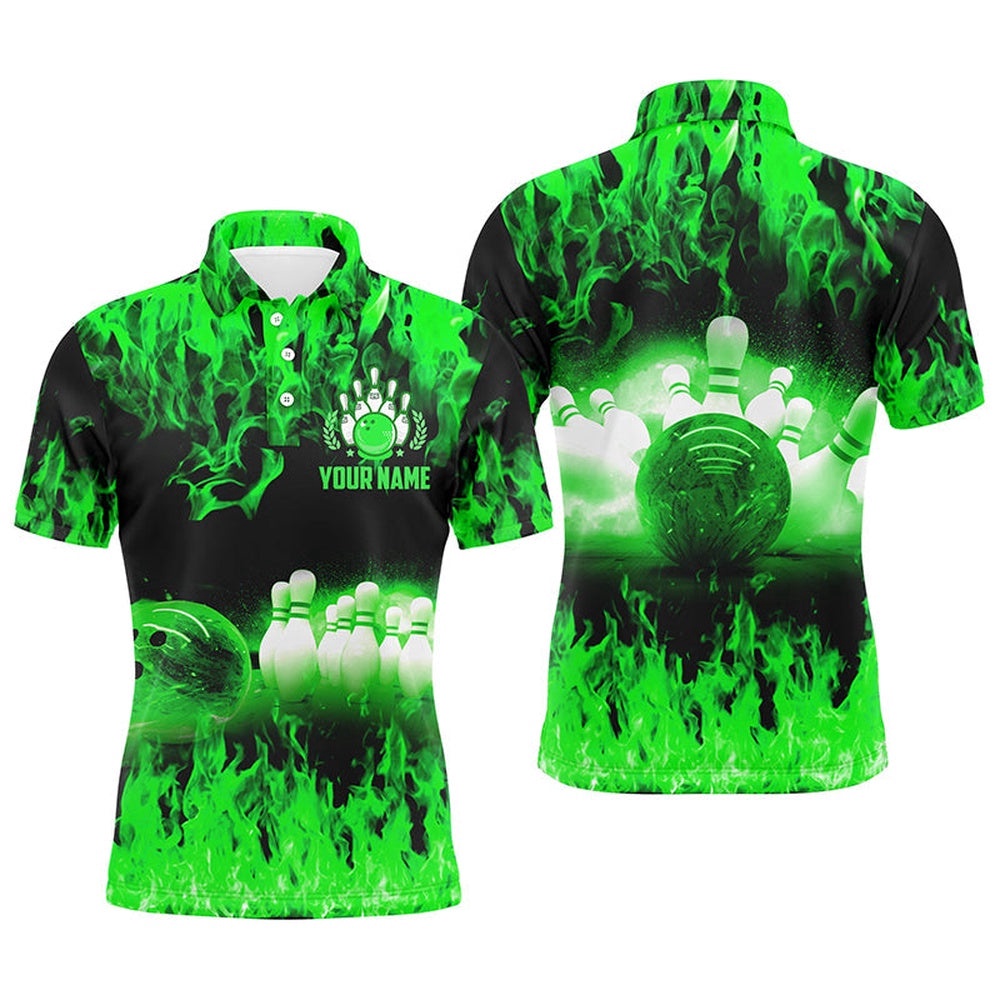 Green Flame Mens Polo Bowling Shirts, Men’s Bowling Polo Shirt, Bowling Team Polo Shirt, Personalized Bowling Team Shirt