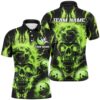 Green Flame Skull Bowling Polo Shirts Men Team Bowling Polo Shirt Halloween Outfits, Personalized Bowling Team Shirt
