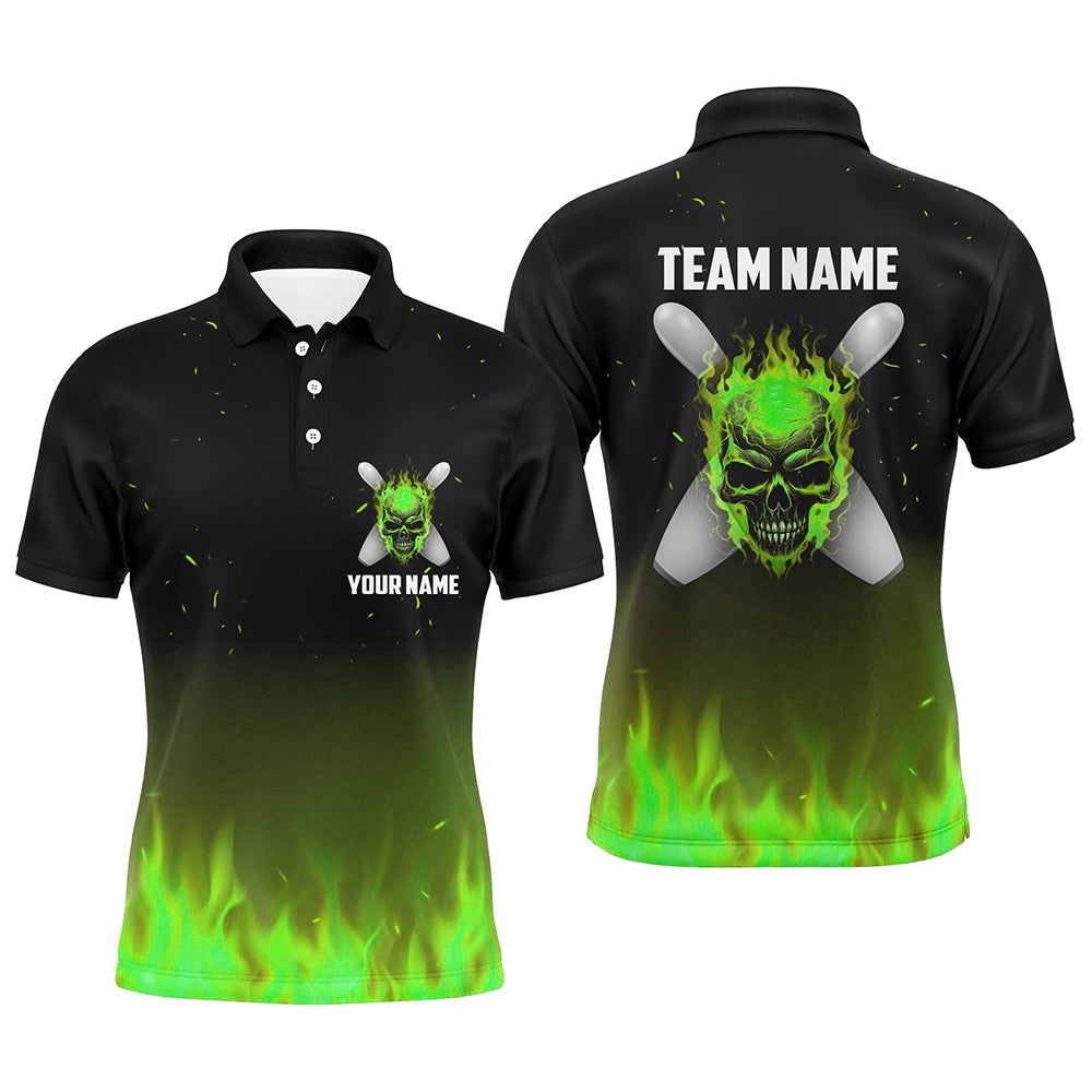 Green Flame Skull Bowling Polo Shirts Men Team Bowling Polo Shirt Halloween Outfits, Personalized Bowling Team Shirt