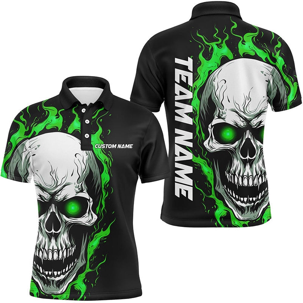 Green Flame Skull Sport Polo Shirt, Custom Team Bowling Polo Shirts For Men, Bowler Outfits, Personalized Bowling Team Shirt