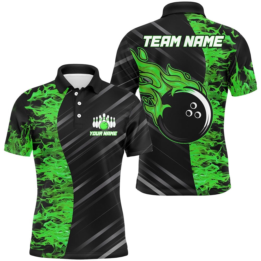 Green Flames Bowling Polo Shirt Men Women Custom Bowling Polo Shirt For Team, Personalized Bowling Team Shirt