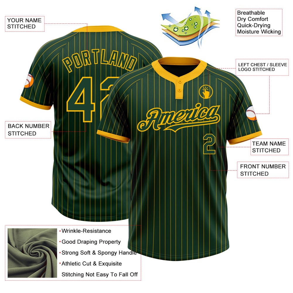 Green Gold Pinstripe Gold Two Button Unisex Softball Jersey, Custom Team Softball Jersey