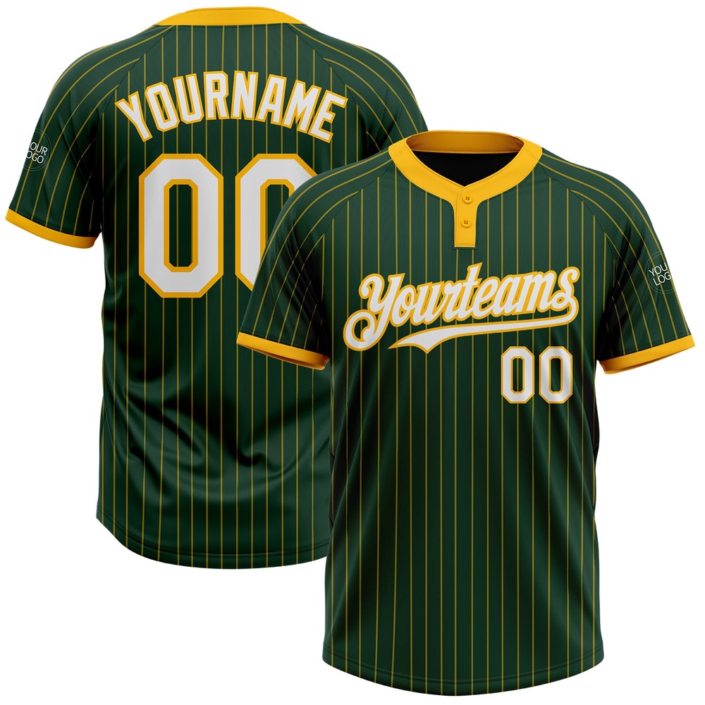 Green Gold Pinstripe White Two Button Unisex Softball Jersey, Custom Team Softball Jersey