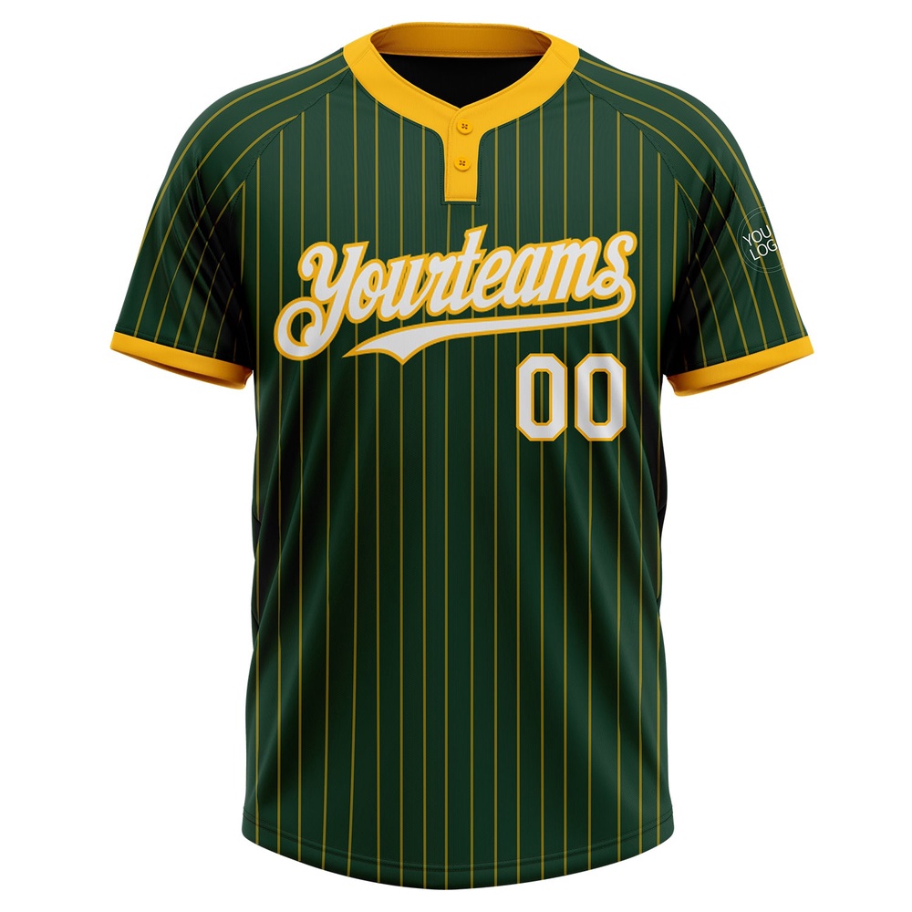 Green Gold Pinstripe White Two Button Unisex Softball Jersey, Custom Team Softball Jersey
