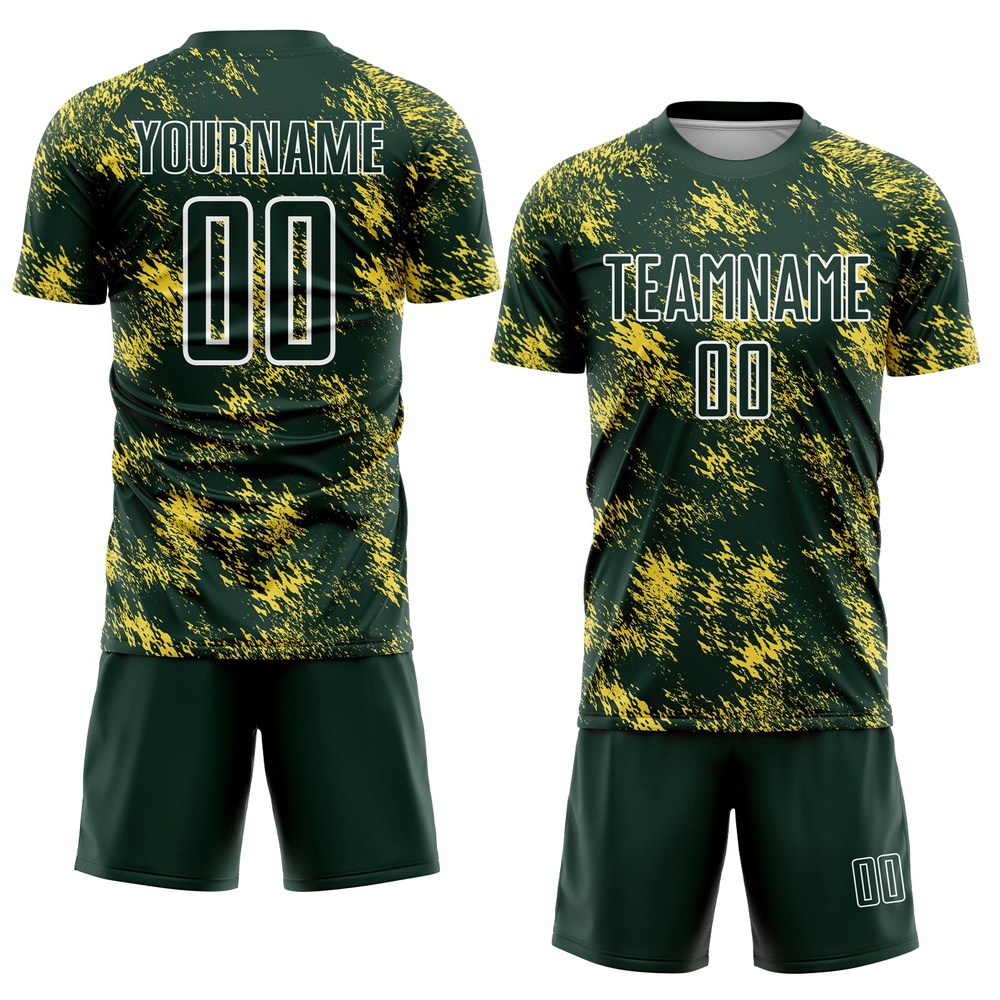 Green Gold White Abstract Grunge Art Sublimation Soccer Uniform Jersey, Custom Team Soccer Jersey Shirt