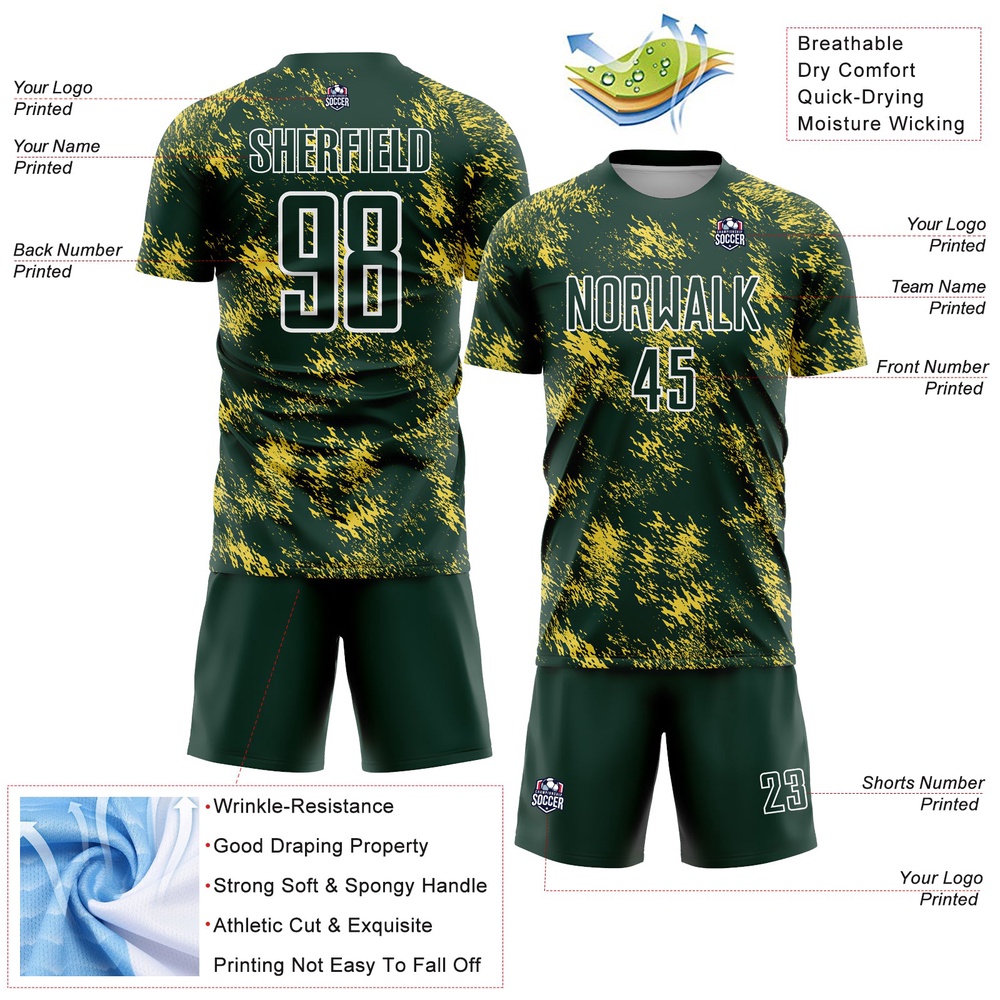 Green Gold White Abstract Grunge Art Sublimation Soccer Uniform Jersey, Custom Team Soccer Jersey Shirt