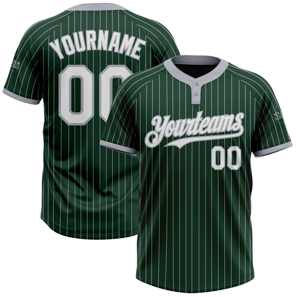 Green Gray Pinstripe White Two Button Unisex Softball Jersey, Custom Team Softball Jersey