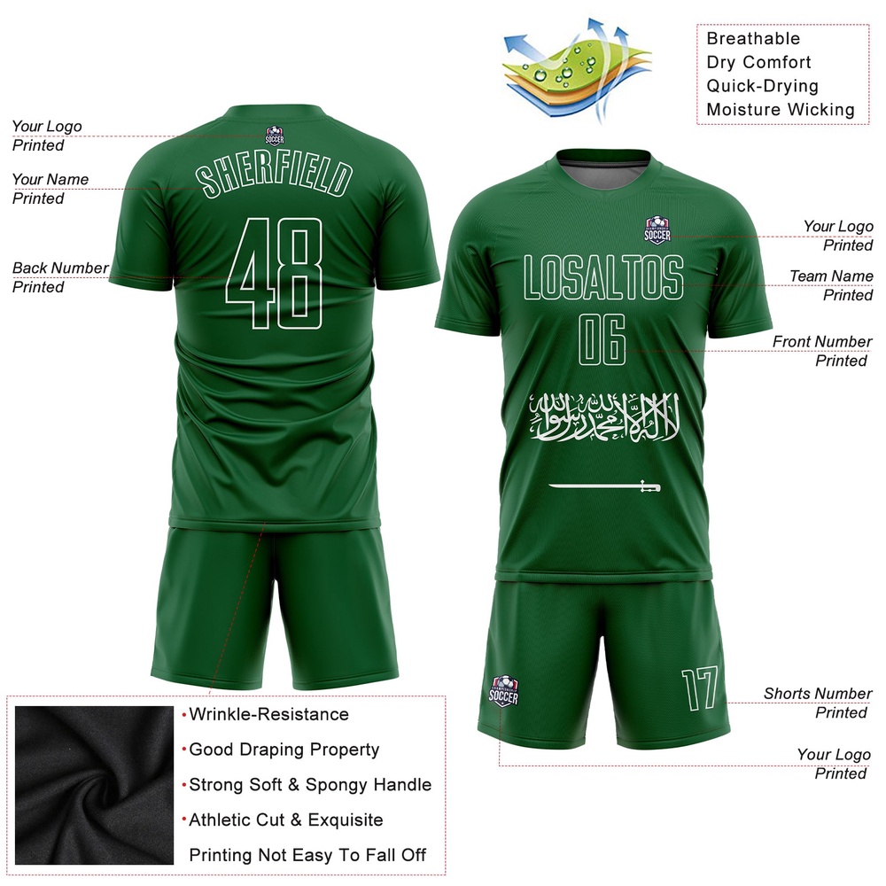 Green Green White Sublimation Saudi Arabian Flag Soccer Uniform Jersey, Custom Team Soccer Jersey Shirt