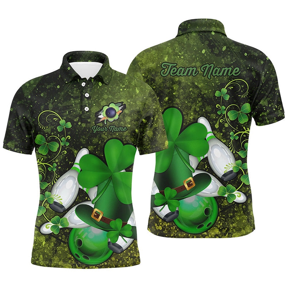Green Grunge Shamrock Mens Polo Bowling Shirts Custom St Patrick Day Team League Bowling Polo Shirt, Personalized Bowling Team Shirt