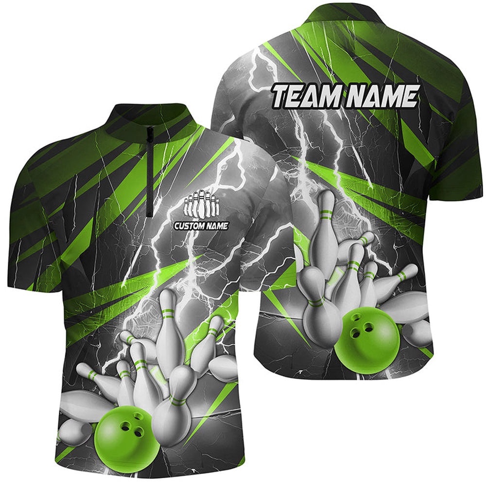 Green Lightning Thunder Bowling Team Jersey,Team Bowling Shirts For Men And Women, Custom Bowling Team Jersey Shirt