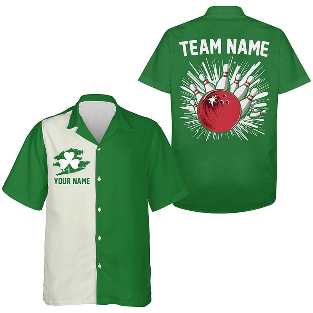 Green Lucky Clover Retro Hawaiian Shirts, Custom St Patrick Day Team Bowling Button Up Shirts, Custom Team Bowling Hawaiian Shirt