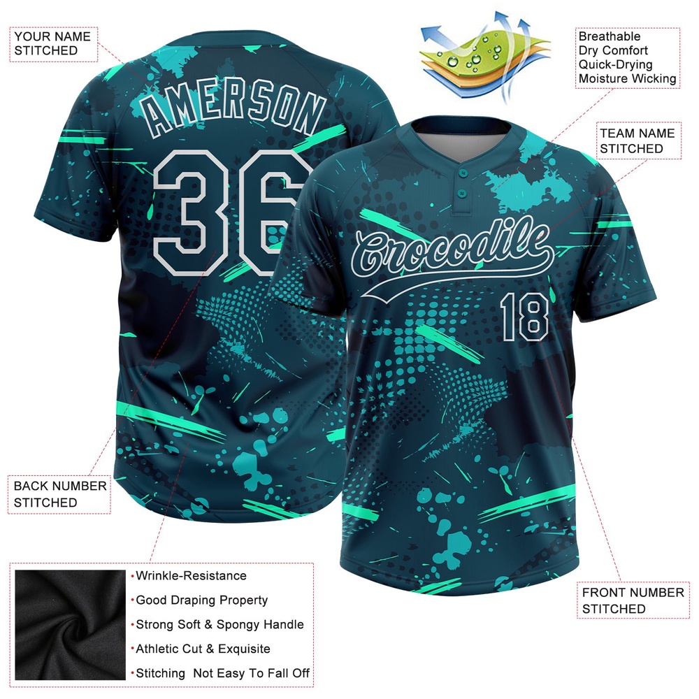 Green Midnight Green Teal 3D Pattern Two Button Unisex Softball Jersey, Custom Team Softball Jersey