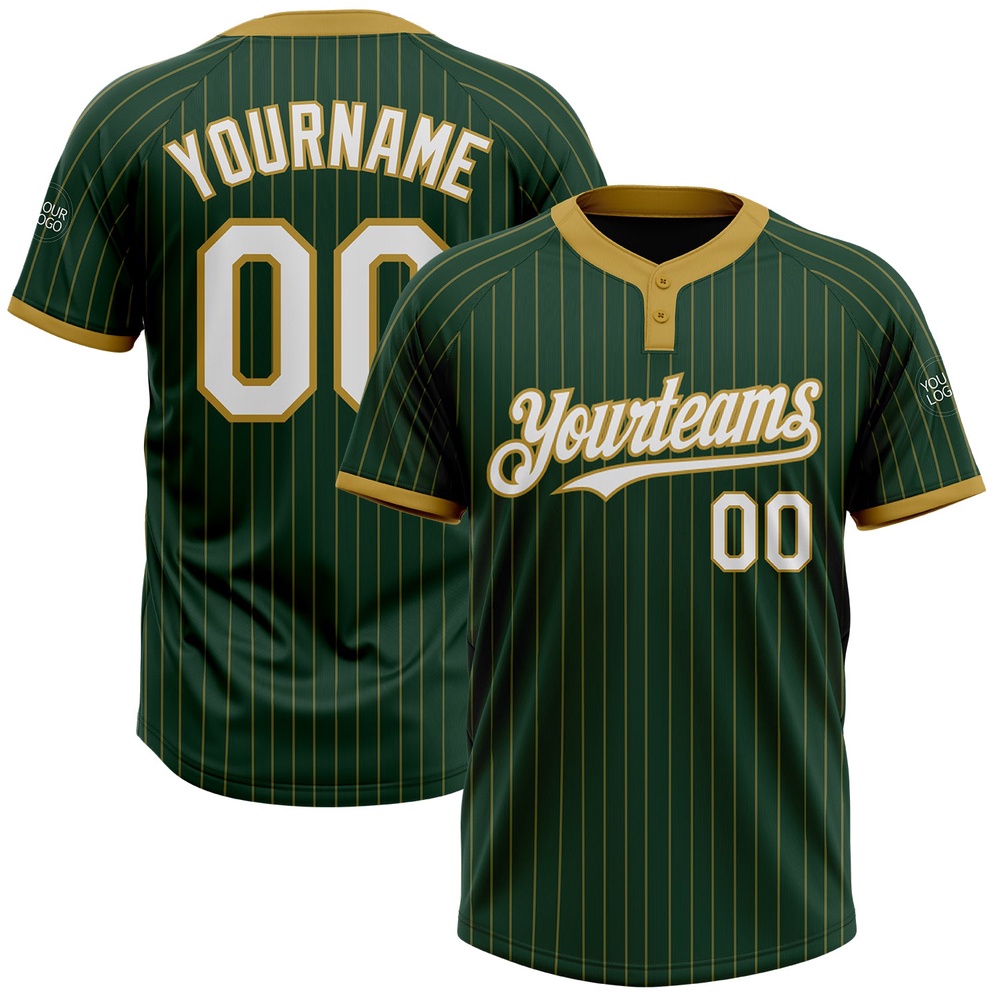 Green Old Gold Pinstripe White Two Button Unisex Softball Jersey, Custom Team Softball Jersey