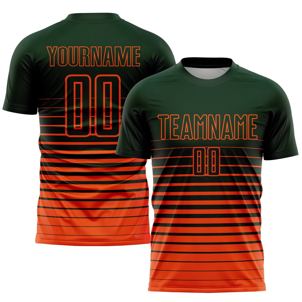 Green Orange Pinstripe Fade Fashion Sublimation Soccer Uniform Jersey, Custom Team Soccer Jersey Shirt