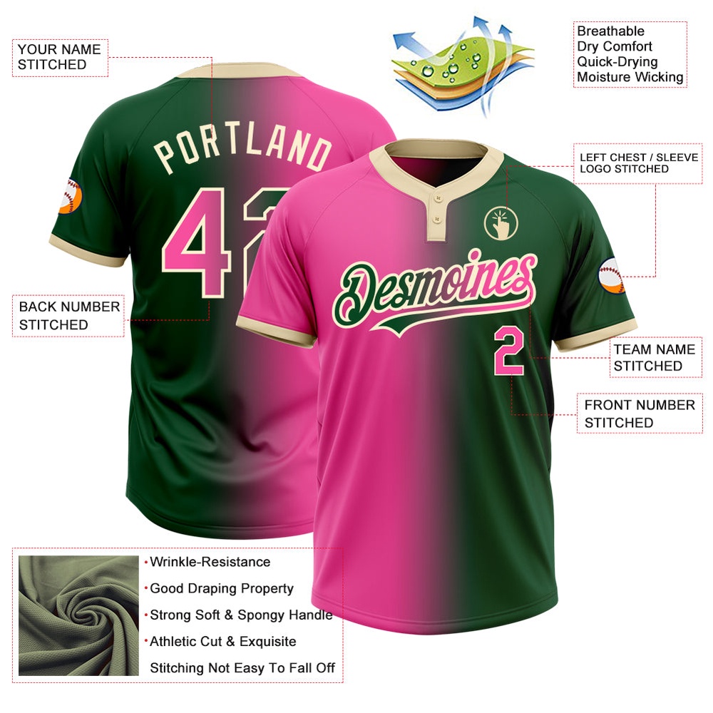 Green Pink Cream Gradient Fashion Two Button Unisex Softball Jersey, Custom Team Softball Jersey