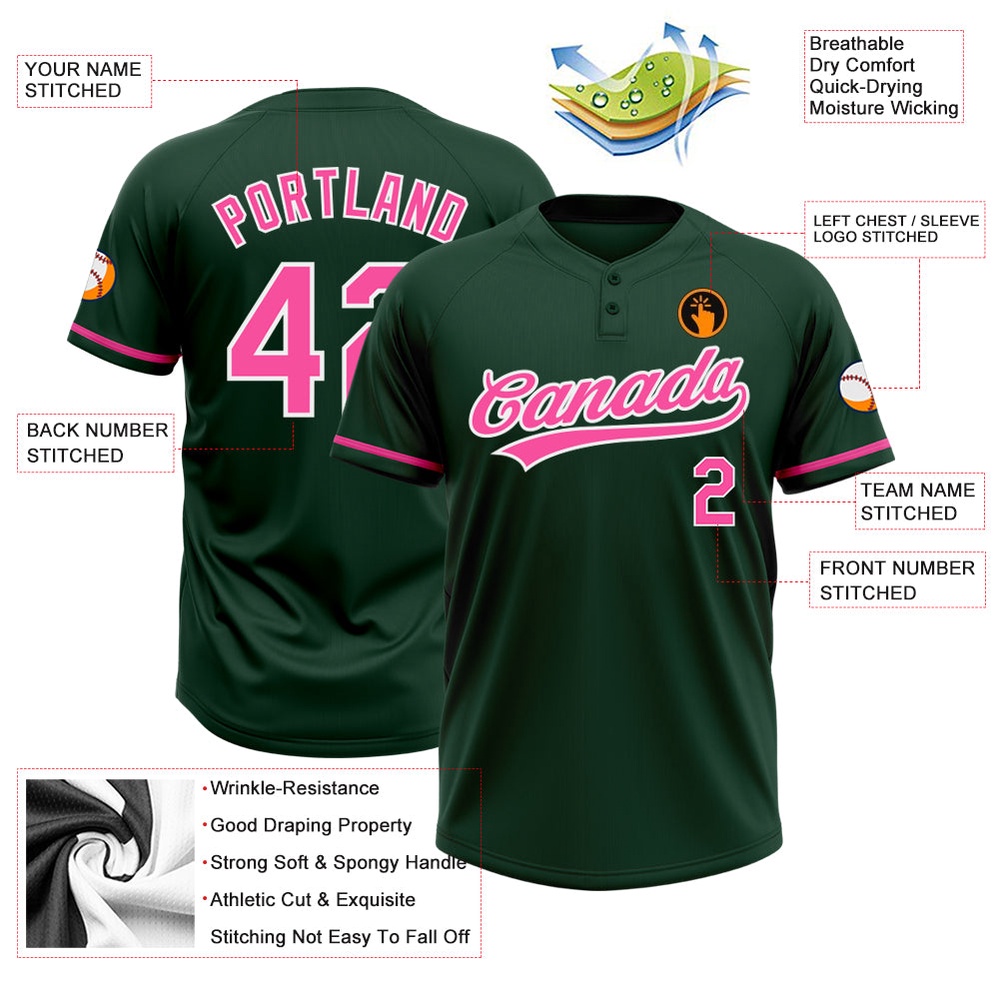 Green Pink White Two Button Unisex Softball Jersey, Custom Team Softball Jersey