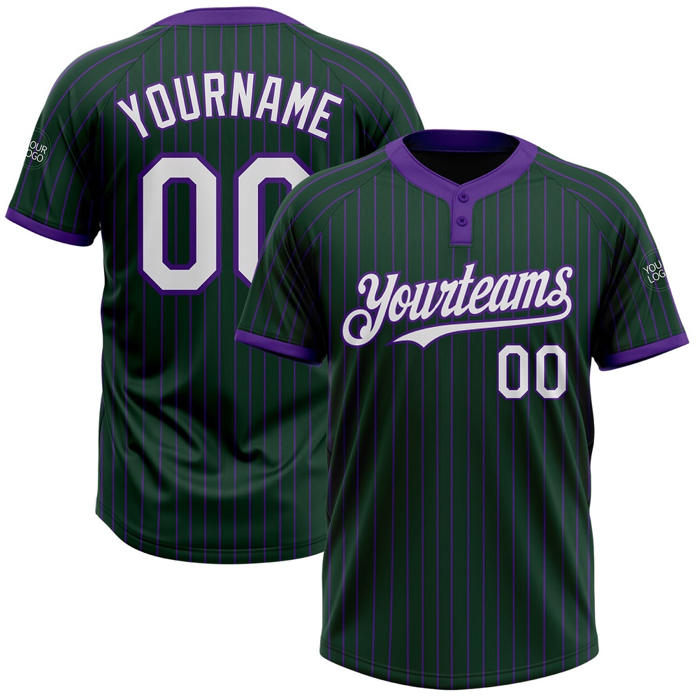 Green Purple Pinstripe White Two Button Unisex Softball Jersey, Custom Team Softball Jersey