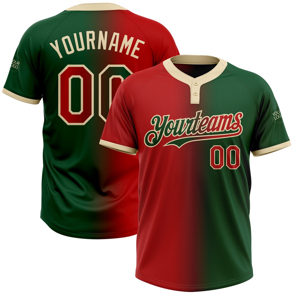 Green Red Cream Gradient Fashion Two Button Unisex Softball Jersey, Custom Team Softball Jersey