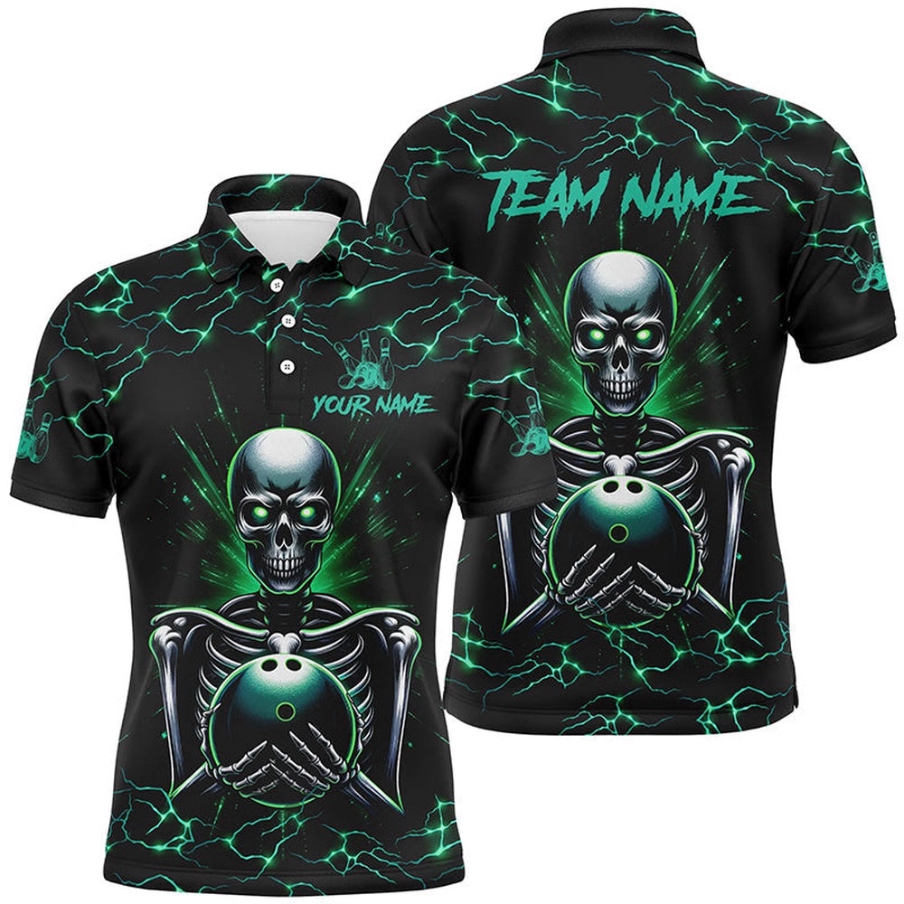 Green Skull Lightning Bowling Polo Shirt For Men Custom Team Bowling Polo Shirt For Men, Gift For Bowlers, Personalized Bowling Team Shirt