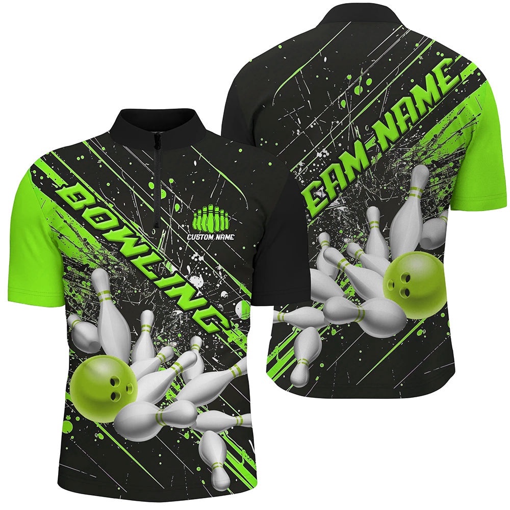 Green Strike Bowling Team Shirts For Men And Women, Bowling League Outfits For Bowlers, Custom Bowling Team Jersey Shirt