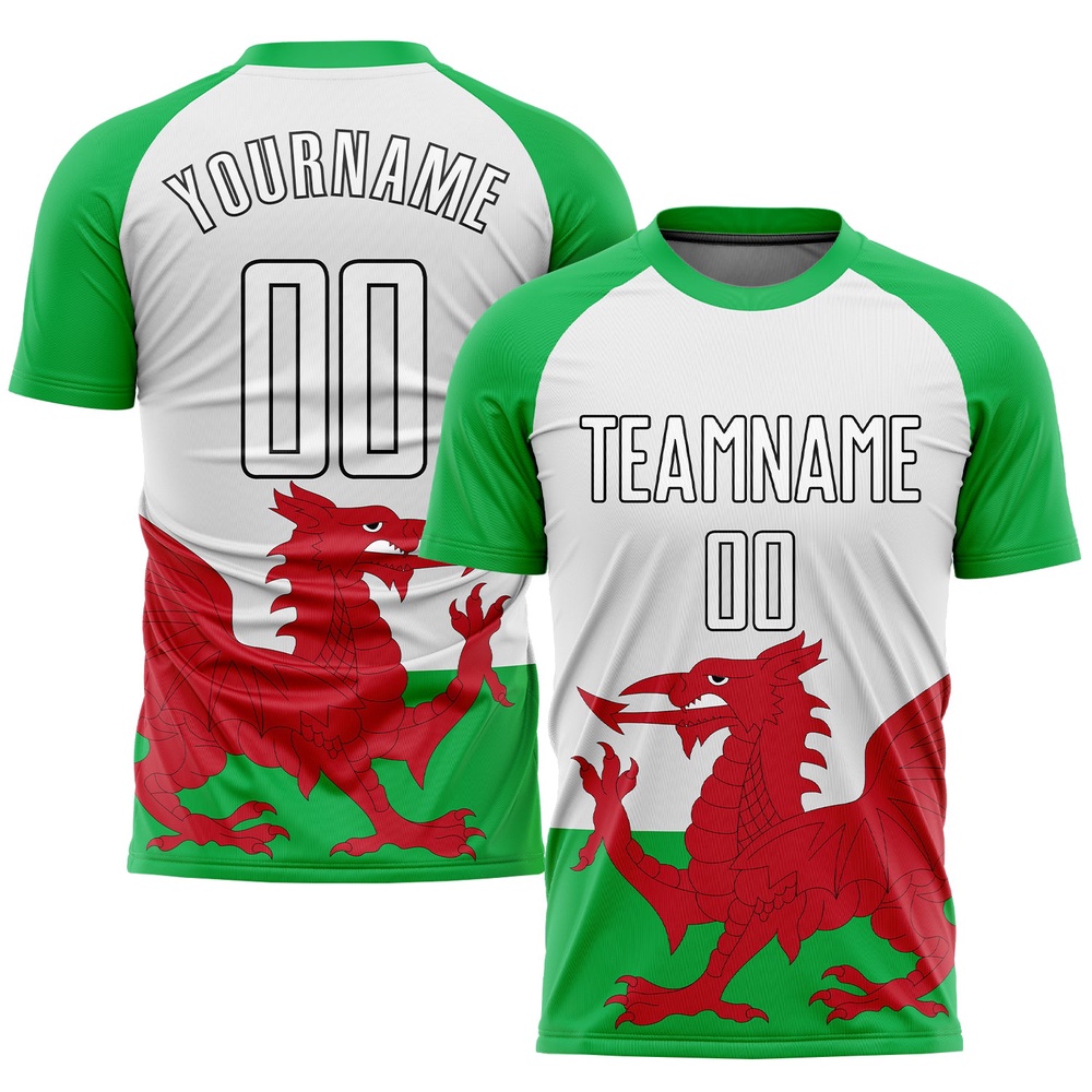Green White Red Black Sublimation Welsh Flag Soccer Uniform Jersey, Custom Team Soccer Jersey Shirt Green White Red Black Sublimation Welsh Flag Soccer Uniform Jersey, Custom Team Soccer Jersey Shirt