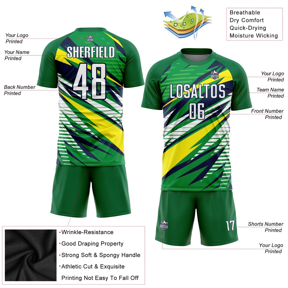 Green White Yellow Navy Sublimation Soccer Uniform Jersey, Custom Team Soccer Jersey Shirt