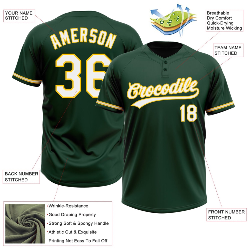 Green White Yellow Two Button Unisex Softball Jersey, Custom Team Softball Jersey