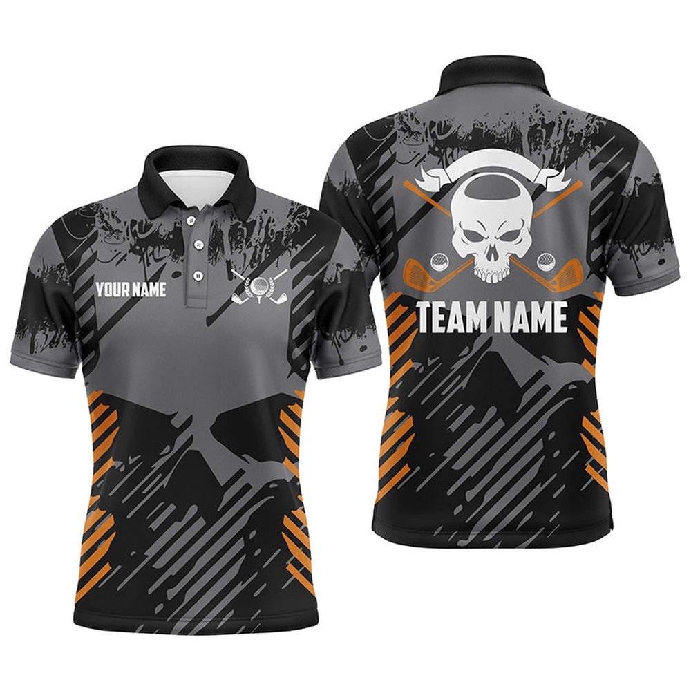 Grey Grunge Orange Skull Men’s Golf Polo Shirts Custom Golf Shirts For Men Scary Golf Gifts, Golf Polo Shirt, Golf Shirts