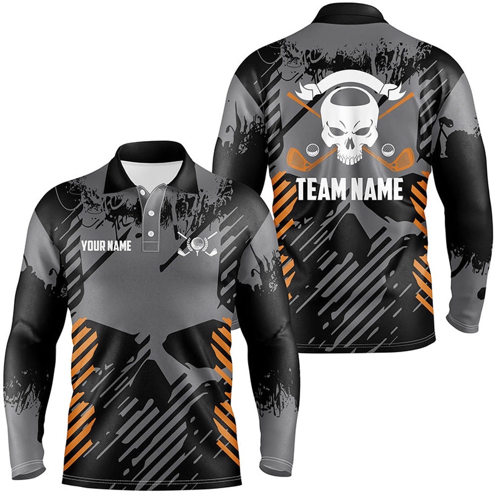 Grey Grunge Orange Skull Men’s Golf Polo Shirts Custom Golf Shirts For Men Scary Golf Gifts, Golf Polo Shirt, Golf Shirts