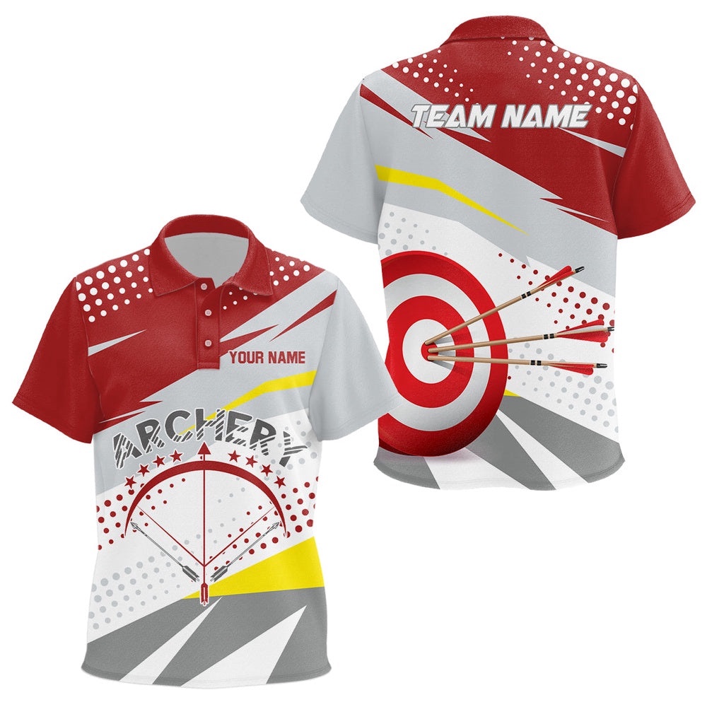 Grey Red Target Archery Polo Shirts, Custom Bow Archery Team Shirts, Custom Archery Team Polo Shirt