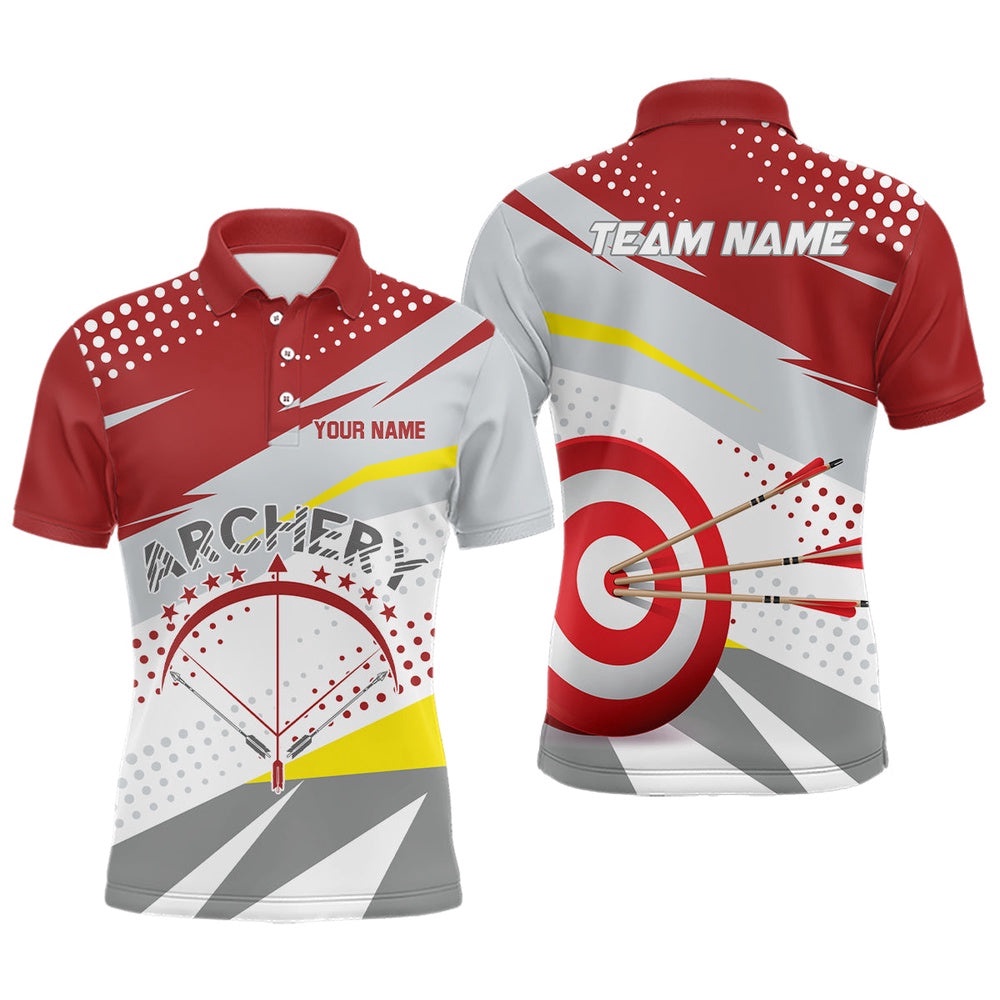 Grey Red Target Archery Polo Shirts For Men, Custom Bow Archery Team Shirts, Custom Archery Team Polo Shirt